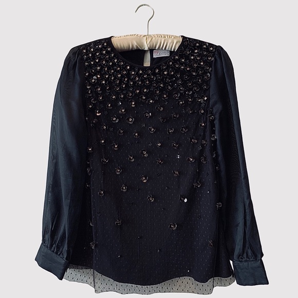 RED VALENTINO VINTAGE LONG SLEEVE EMBELLISHED RHINESTONES PULLOVER BLOUSE SIZE M - Picture 2 of 16